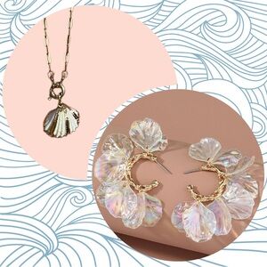 2 Piece Sea Shell Elegant Gold Necklace and Iridescent Floral Earrings Set